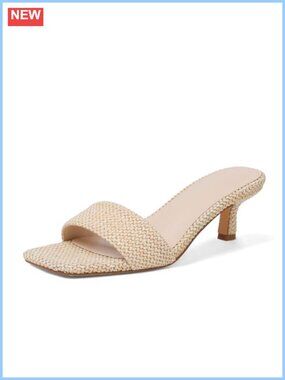 Womens Kitten Heel Sandals Raffia Square Open Toe Slip On Low Heels